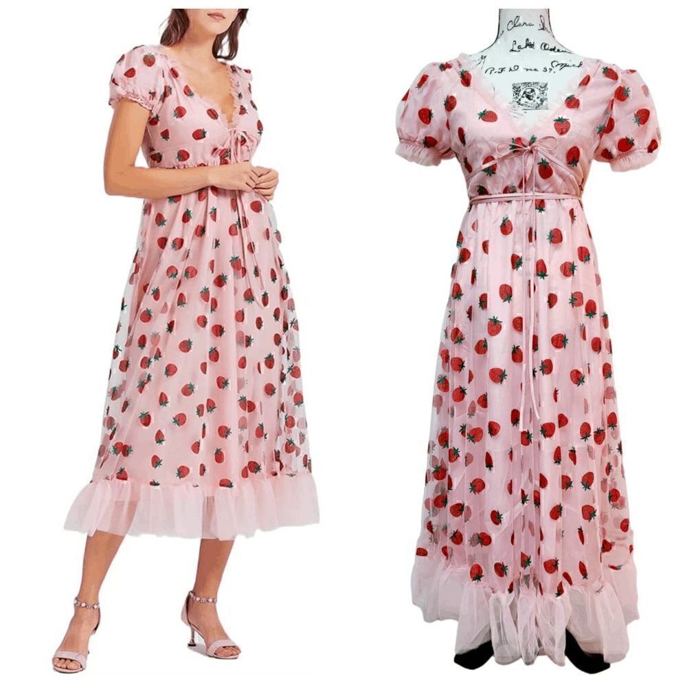 🍓 Strawberry Mesh Tulle Girly Cute Pink Puff Sleeve Glitter Midi Dress S NWT